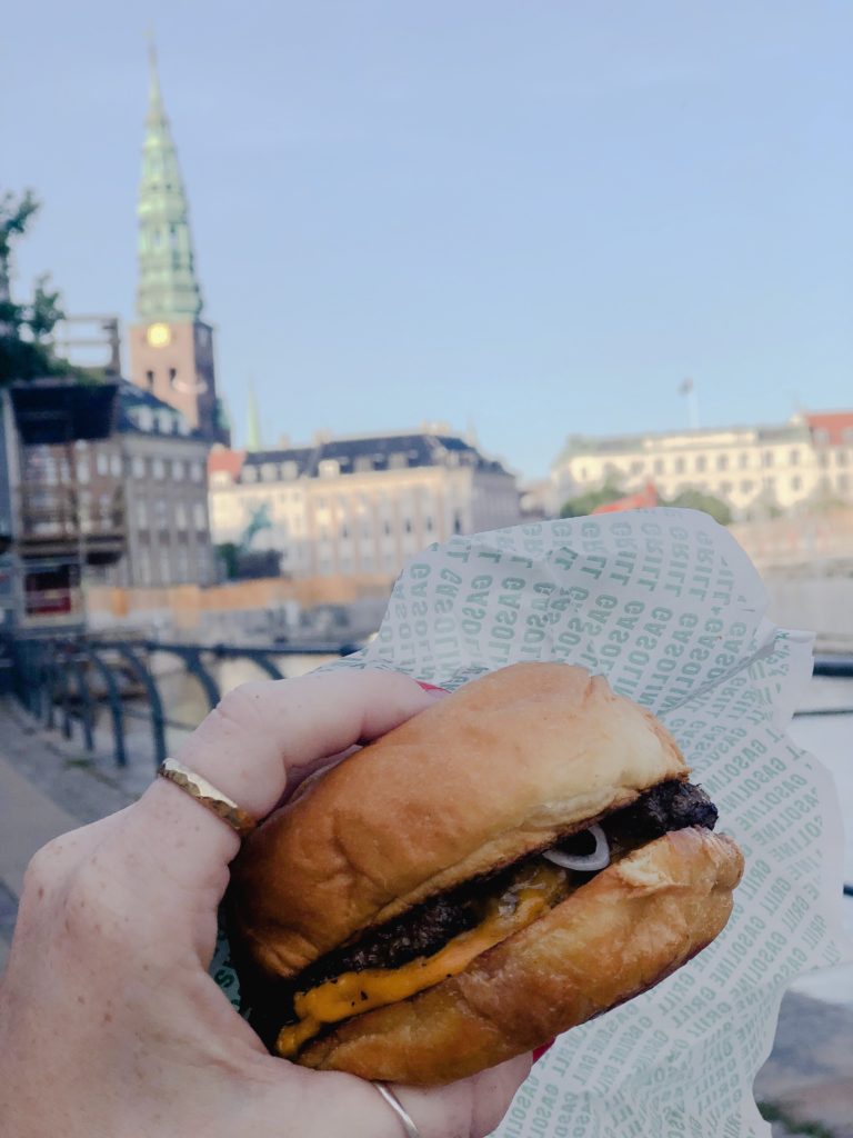 Butter burger from gasoline grill with view from Copenhagen Canal 