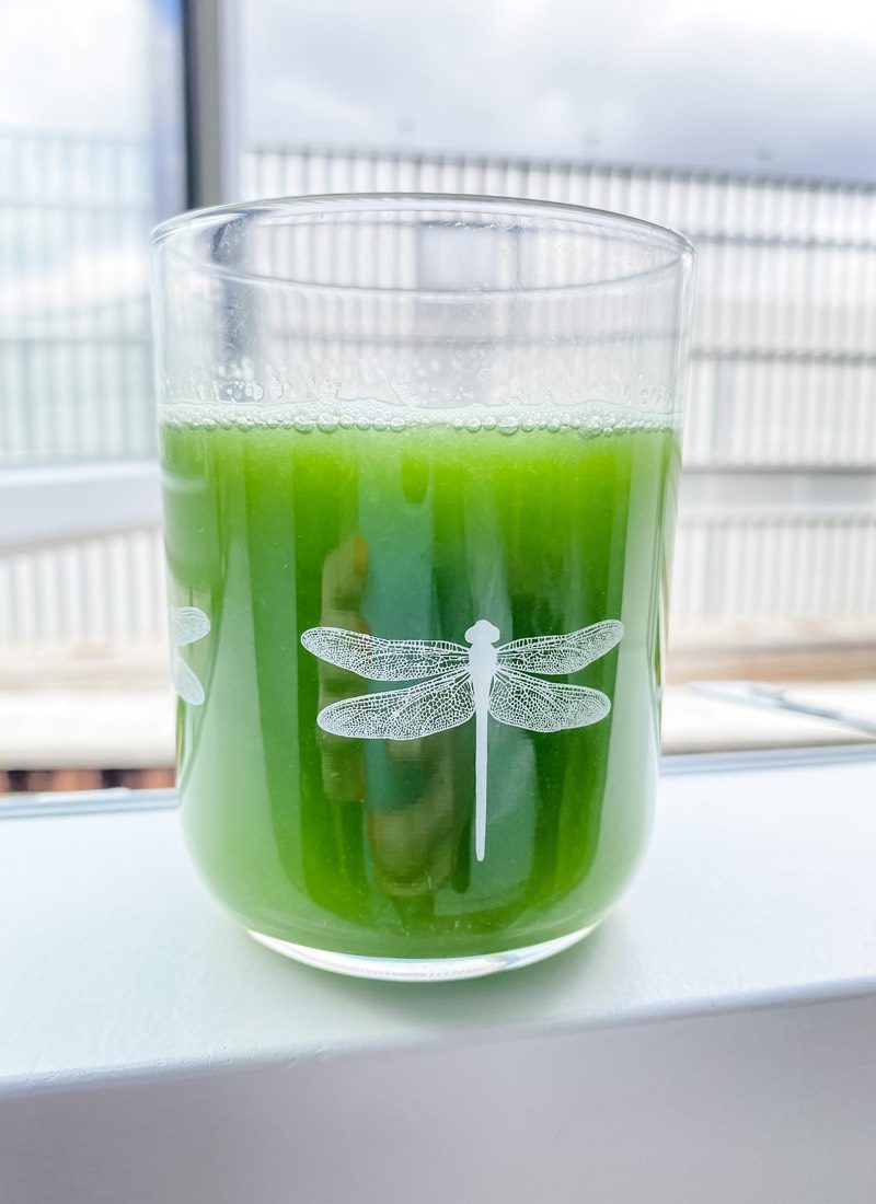 Green Juice for clear skin and good gut health in Zara home dragon fly glass